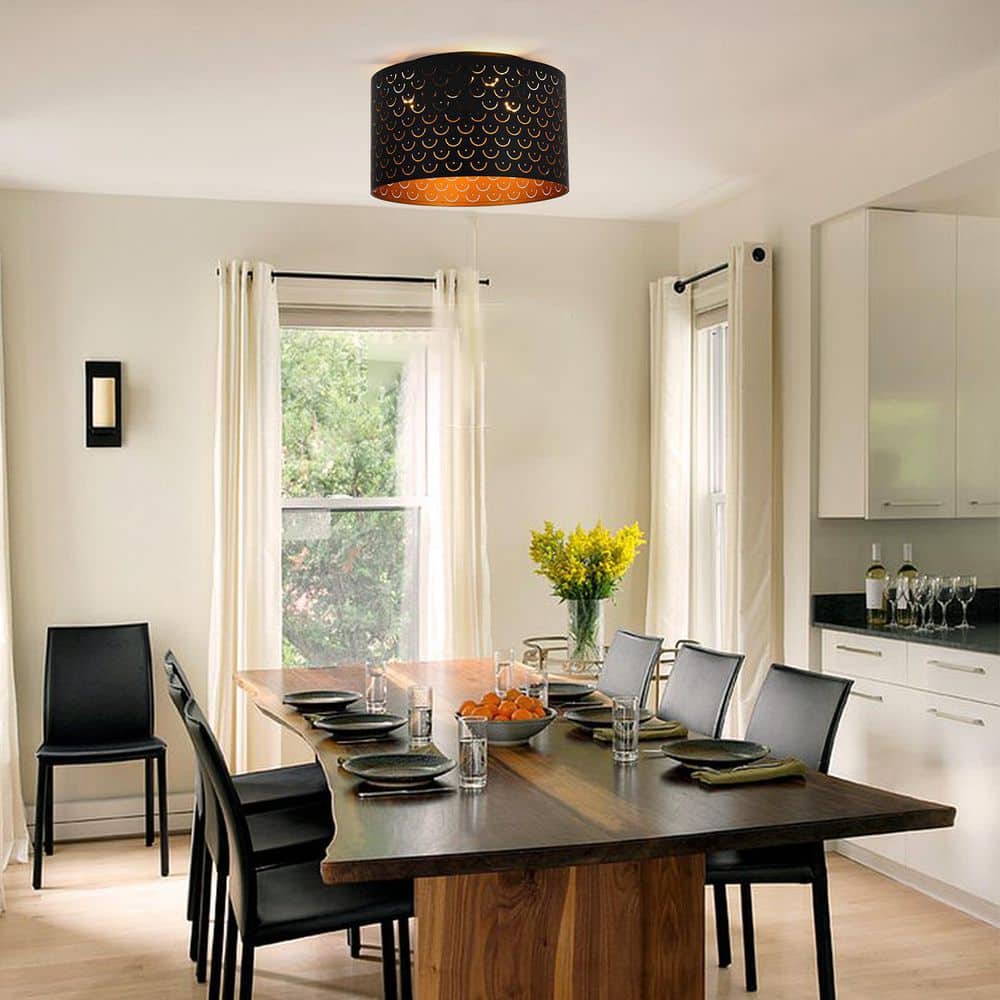 15 in. 3-Light Matte Black with Brass Inside Finish Industrial Drum Flush Mount Ceiling Light Fixture - Hercitys