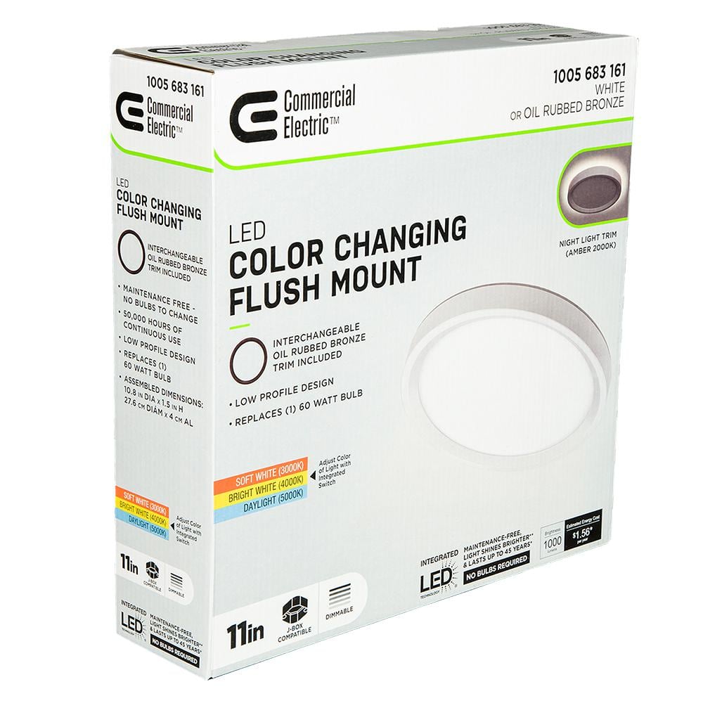 11 in. White, Oil Rubbed Bronze Trims 1000 Lumens LED Flush Mount Ceiling Light Fixture with Night Light Adjustable CCT - Hercitys