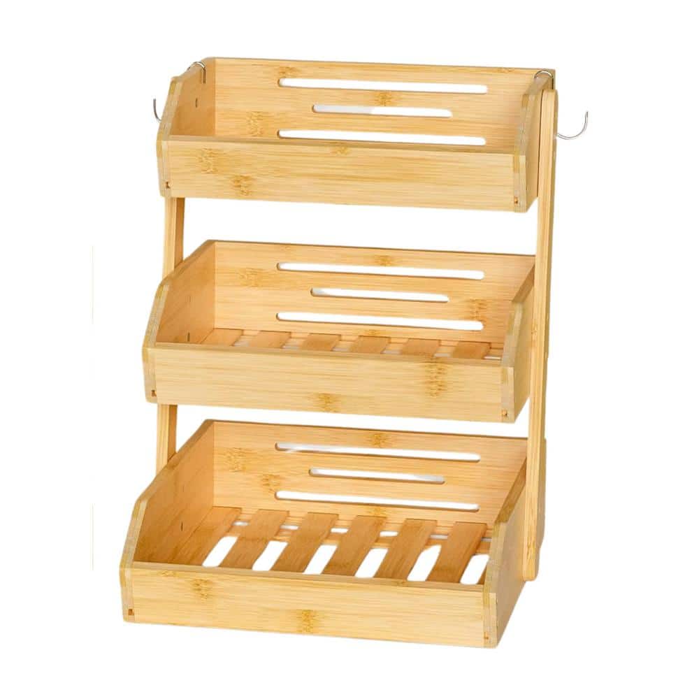 3-Tier Bamboo Fruit Bowl For Kitchen Counter, Large Fruit Holder With 2-Banana Hangers for Fruit and Vegetable Storage - Hercitys