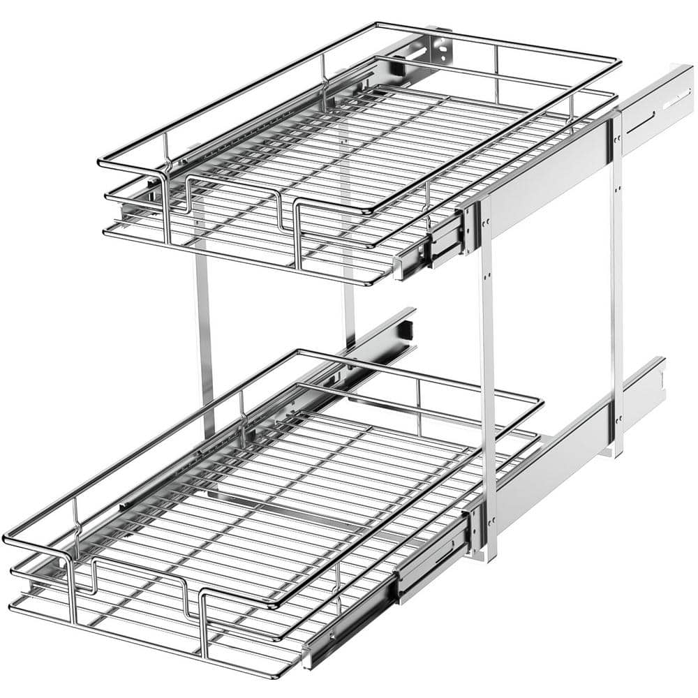 2-Tier 11 in. W x 21 in. D Silver Metal Individual Pull Out Cabinet Organizer - Hercitys