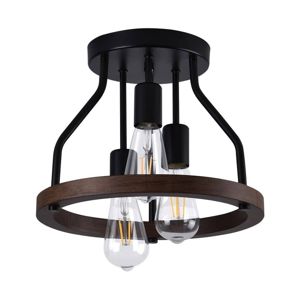 12.6 in. 3-Light Retro Farmhouse Simple Black Semi-Flush Mount Ceiling Light with Wooden Shade - Hercitys