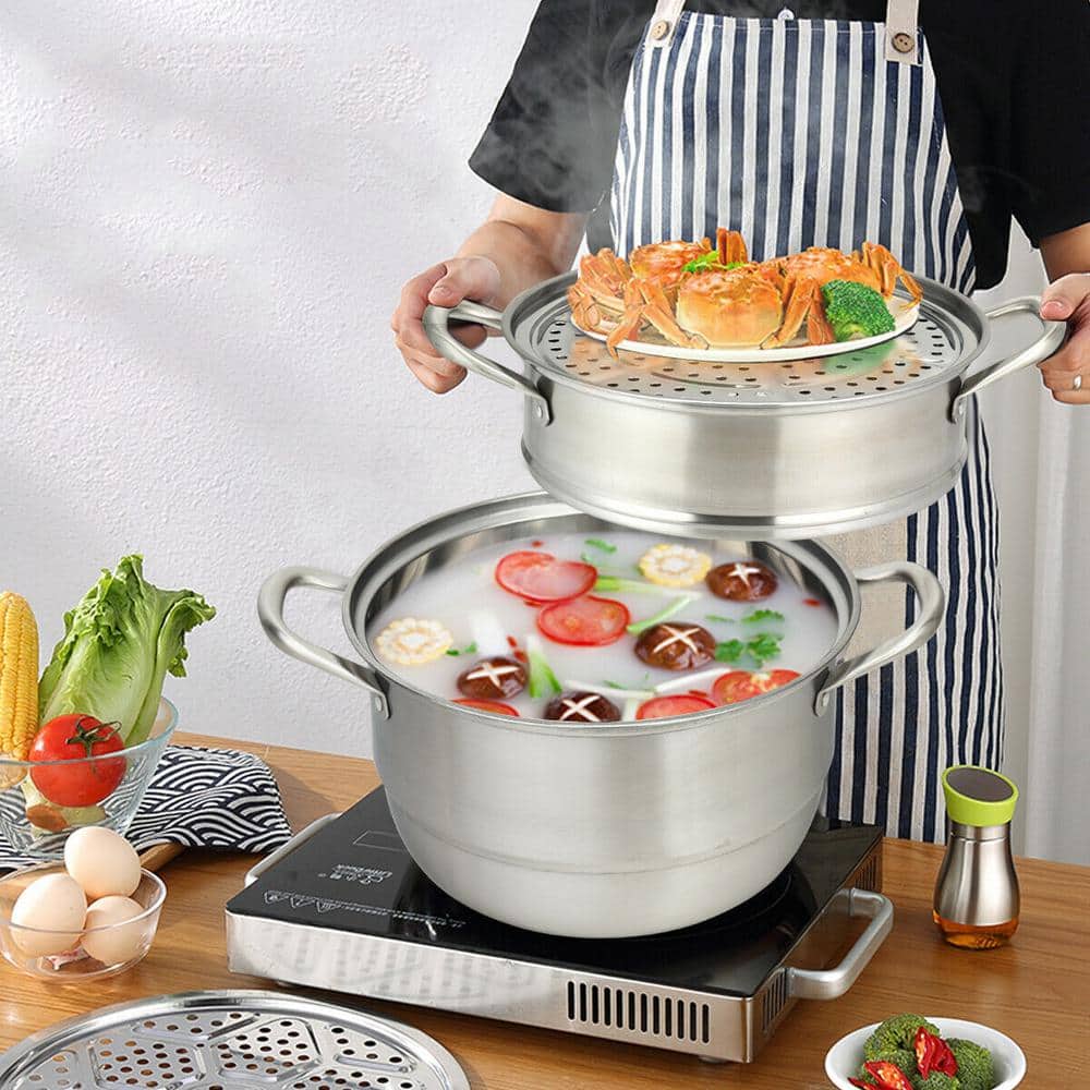 3-Tier 11.6 qt. Stainless Steel Steamer Insert Saucepot  Stock Pot with Lid, Safe Loop Handles - Hercitys