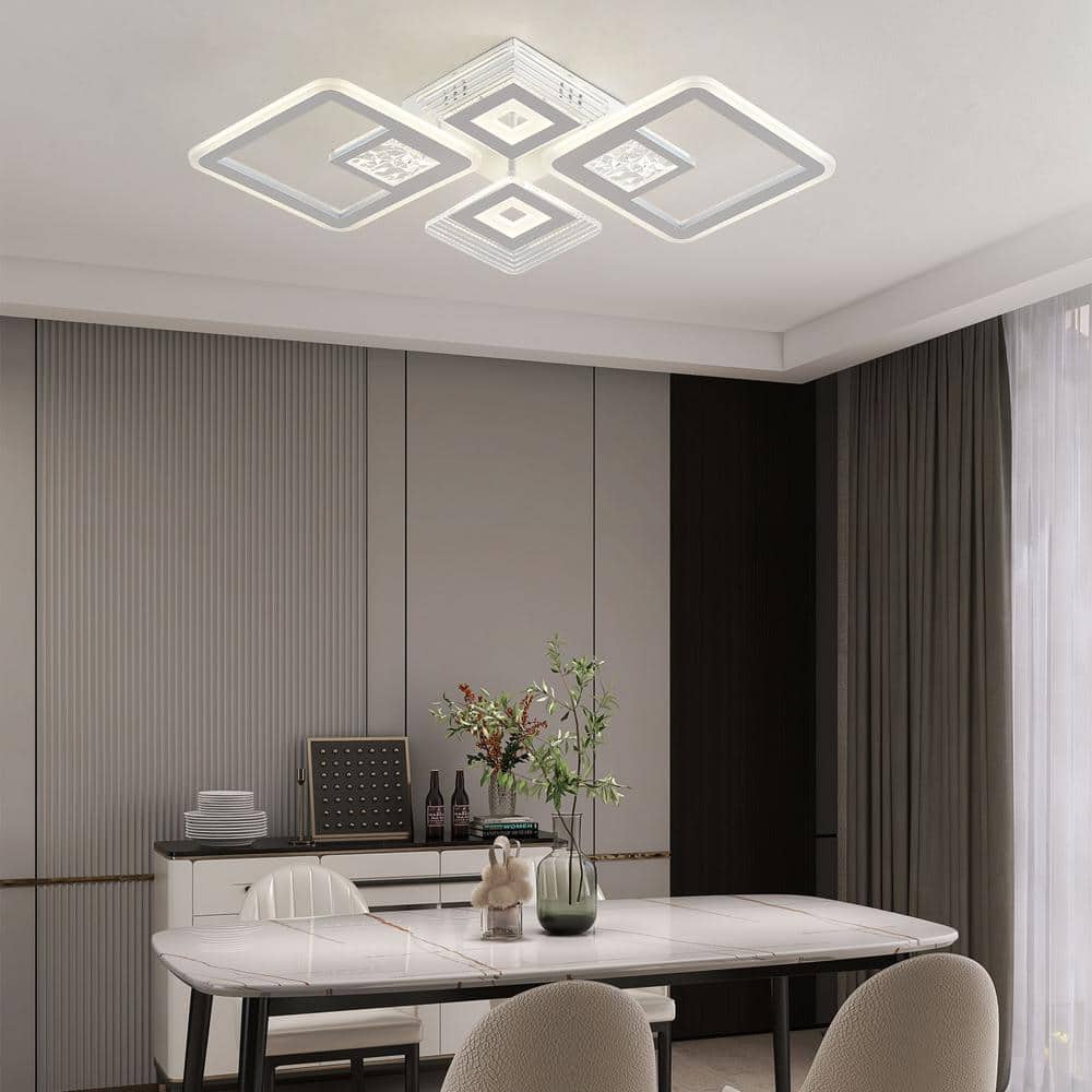 28.34 in. 1-Light White Modern Geometric Design Dimmable Selectable LED Semi-Flush Mount Ceiling Light with Remote - Hercitys