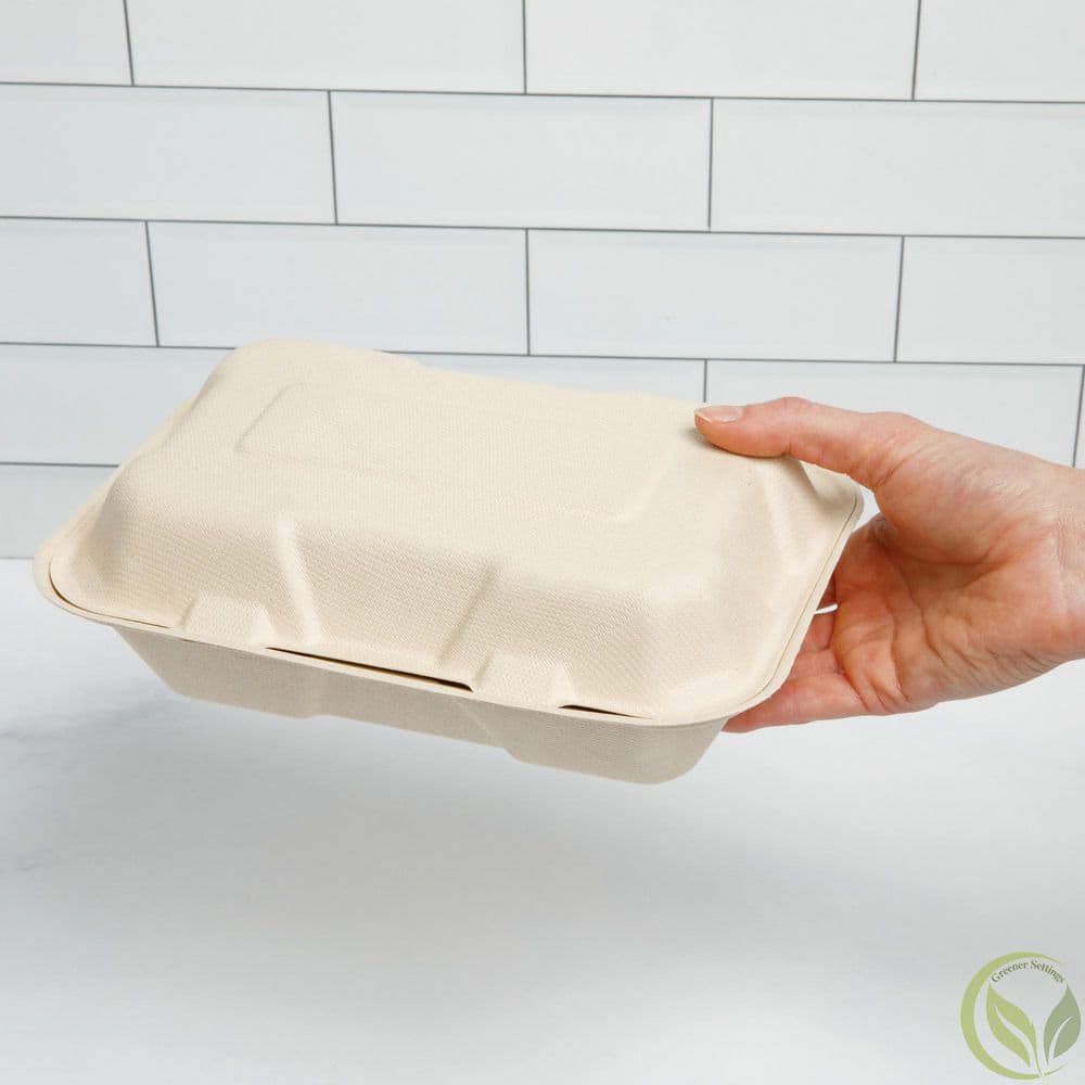 100% Compostable Paper Take-Out Container 9 in. x 6 in. Clamshell [75-Pack] - Hercitys