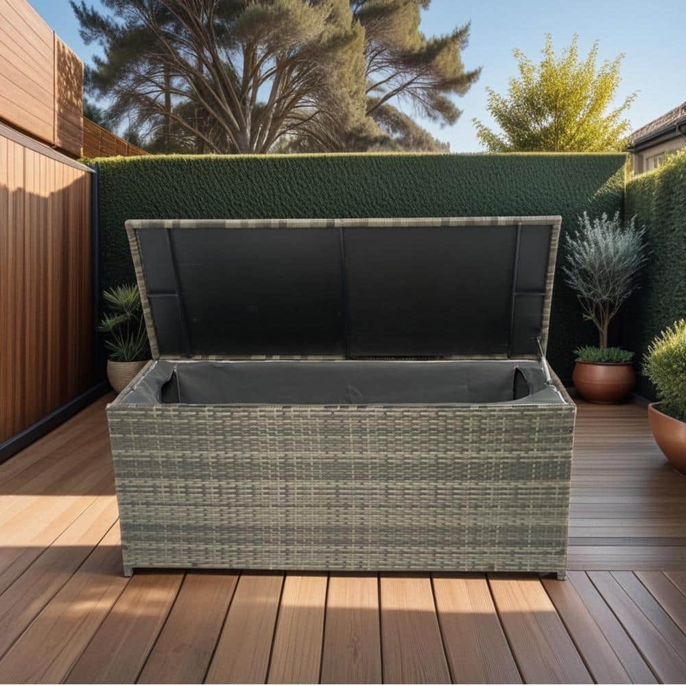 113 Gal. XL Grey Resin Rattan Deck Box, Waterproof Outdoor Cushion Storage Box with Lid - Hercitys