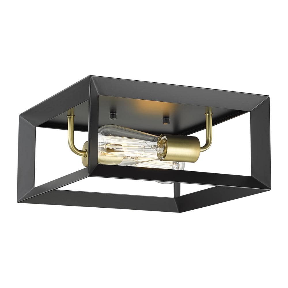 11.4 in. 2-Light Matte Black and Brushed Brass Flush Mount with Metal Shade and No Bulbs Included Close to Ceiling Light - Hercitys