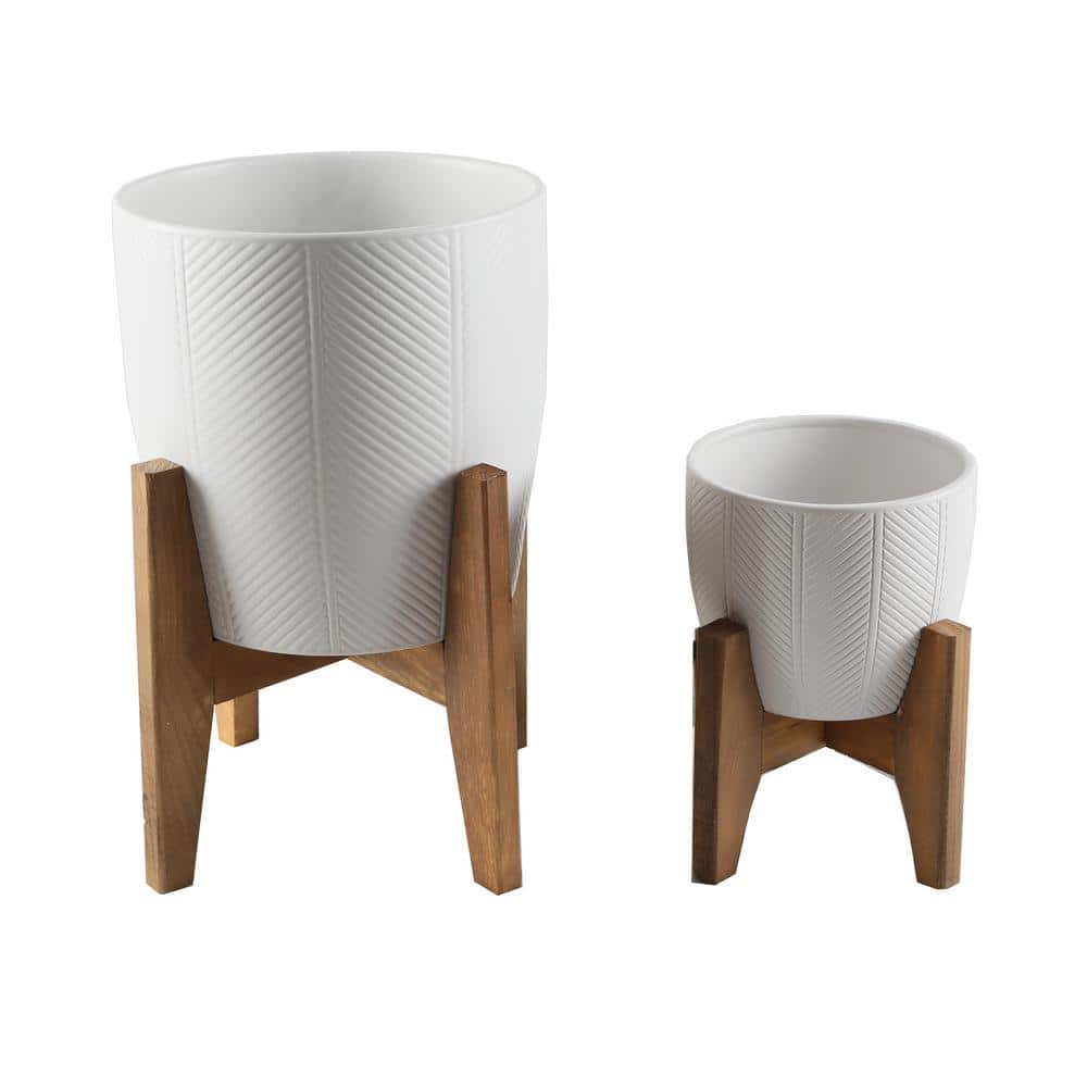 10 in. and 6.6 in. Matte White Chevron Ceramic Plant Pot on Wood Stand Stand Mid Century Planter (Set of 2) - Hercitys
