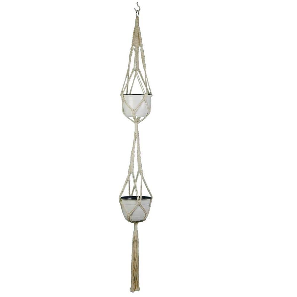 50 in. White Plastic Macrame Dual Plant Hanger with Two 6 in. Pots - Hercitys