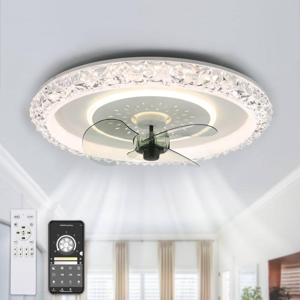 20 in Indoor Crystal White Ceiling Fan with Integrated LED Light 6-Speed Low Profile Fandelier Smart Remote App - Hercitys