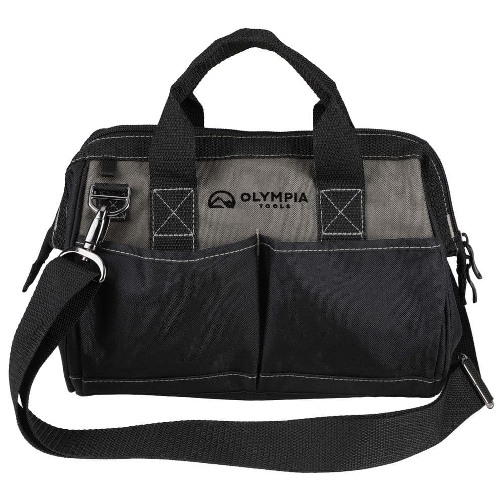12 in. Black Water-Resistant Tool Bag with Dual Zipper, Adjustable Shoulder Strap - Hercitys