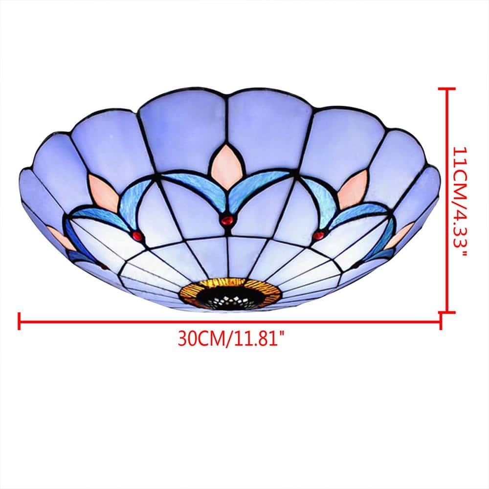 11.81 in. 2-Light Blue Modern Mediterranean Flush Mount Ceiling Light with Stained Glass Shade, No Bulbs Included - Hercitys