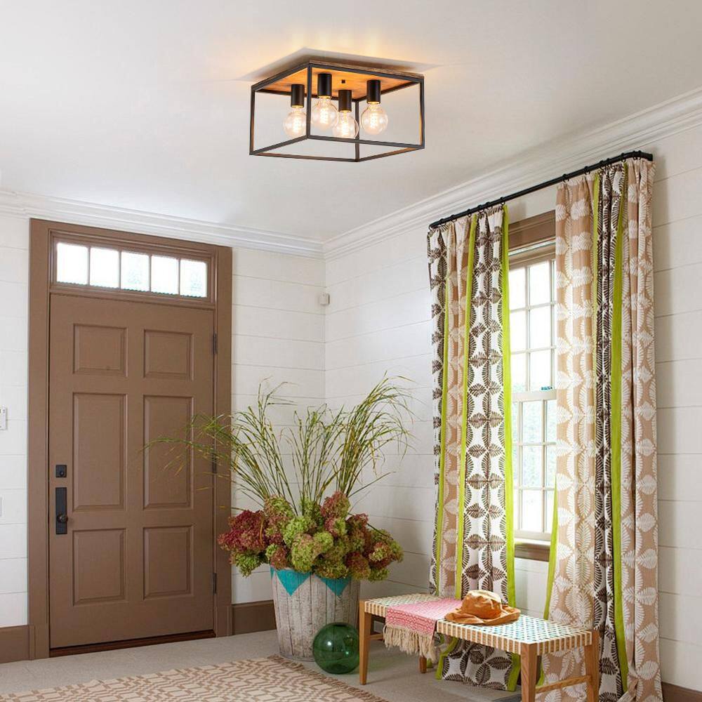 14.57 in. 4-Light Modern Farmhouse Matte Black Flush Mount Ceiling Fixture with Metal Frame and No Bulbs Included - Hercitys