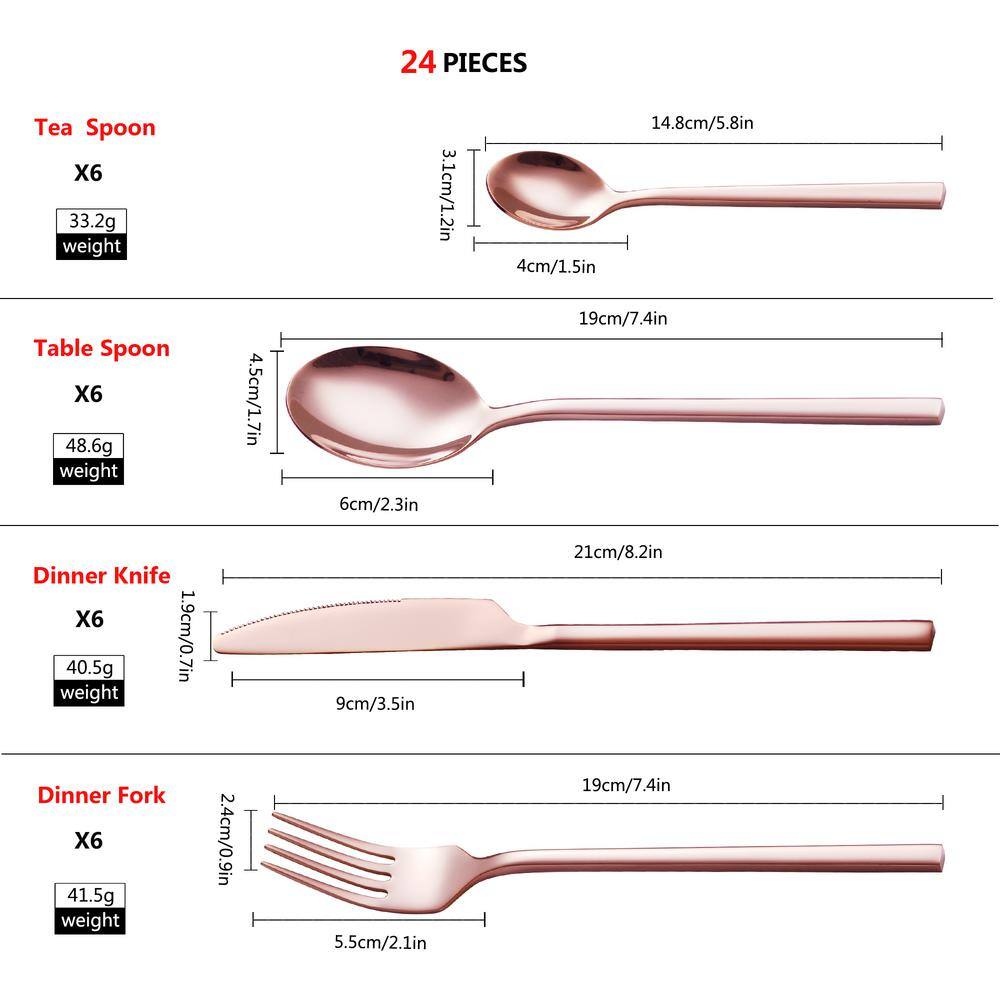24-Piece 18/8 Rose Gold Stainless Steel Flatware Set Knife Fork Spoon Set (Service for 6) - Hercitys