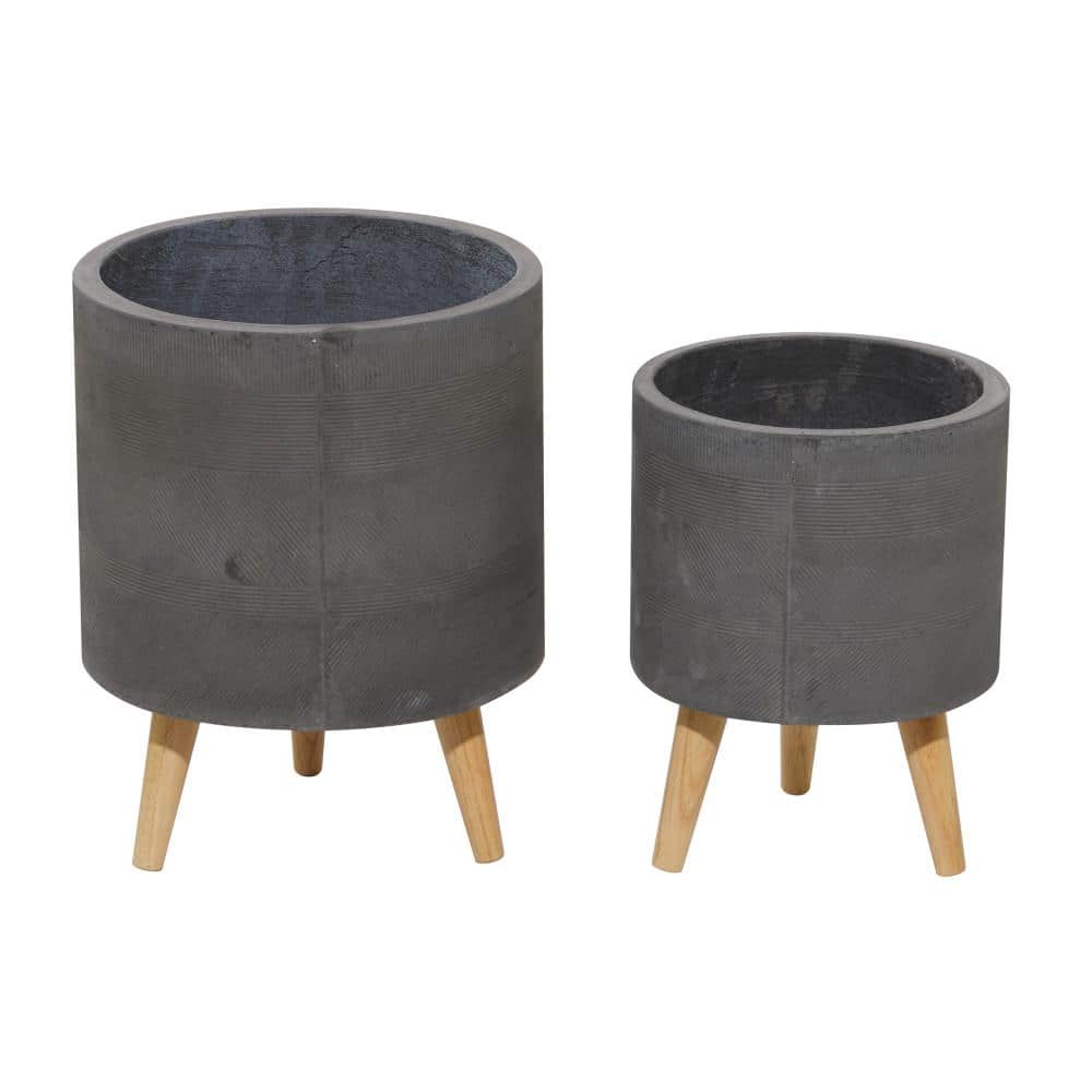 13 in., and 16 in. Medium Gray Ceramic Indoor Outdoor Planter with Wood Legs (2- Pack) - Hercitys
