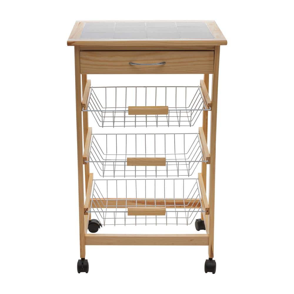 3 Tier Pinewood Basket and Drawer Kitchen Cart - Hercitys