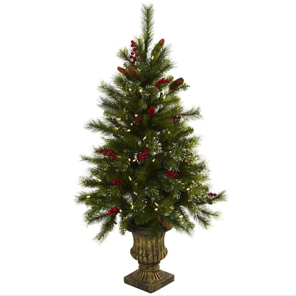 4 ft. Artificial Christmas Tree with Berries, Pine Cones, LED Lights and Decorative Urn - Hercitys
