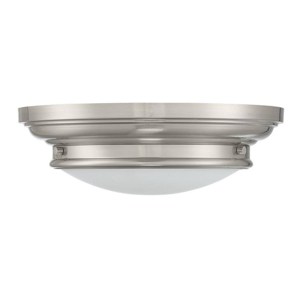 13 in. W x 4.50 in. H 2-Light Brushed Nickel Flush Mount Light with White Glass Round Shade - Hercitys