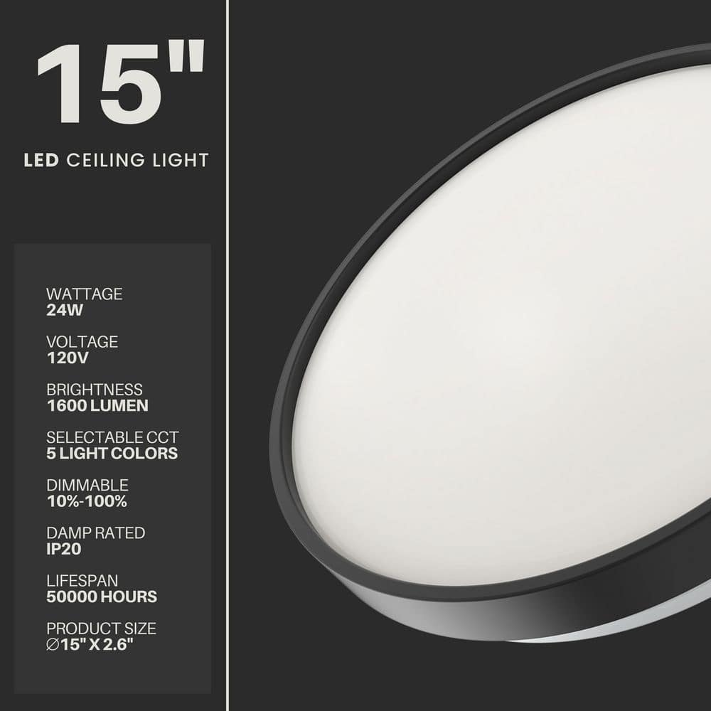 15 in. Modern Ring Slim Selectable LED Flush Mount Ceiling Light Fixture Matte Black For Kitchen Bedroom Living Room - Hercitys