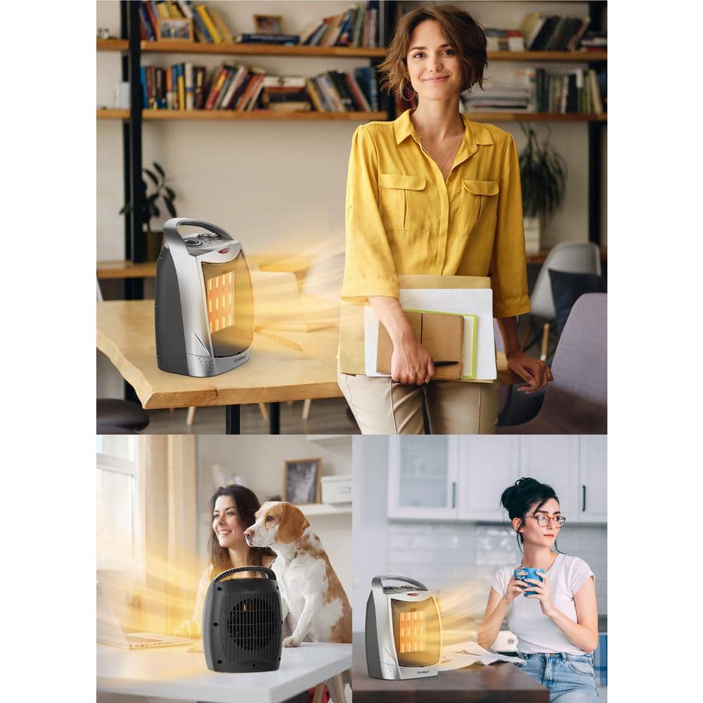 10.1 in. H 1500-Watt Electric Indoor Portable Ceramic Forced Air Fan Space Heater with Thermostat, Silver - Hercitys