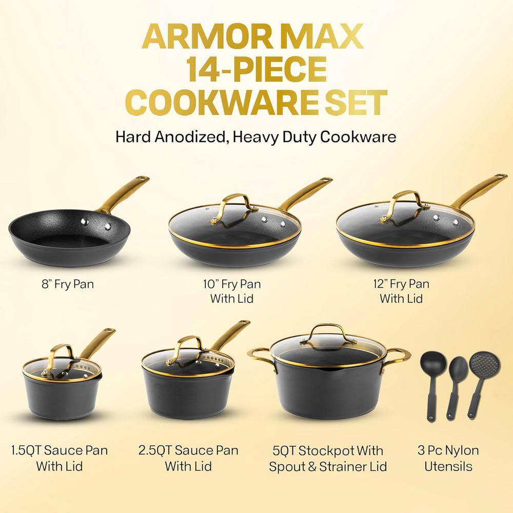 14-Pieces Hard Anodized Aluminum Armor Max Gold Heavy Duty 4-Layer Ultra Release Nonstick Cookware Set - Hercitys