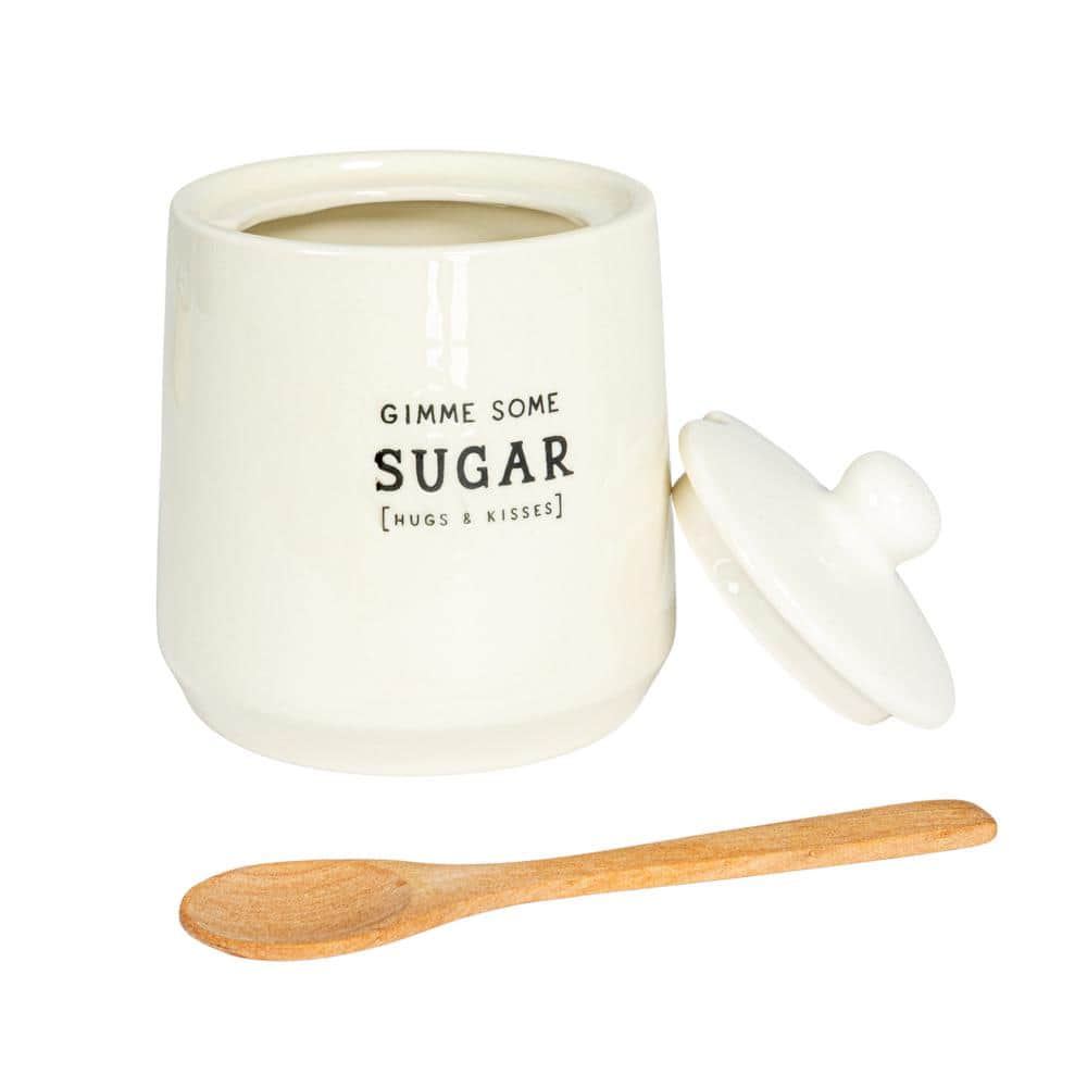 12 fl. oz. White Stoneware Creamer and Sugar Pot with Bamboo Spoon (Set of 2) - Hercitys