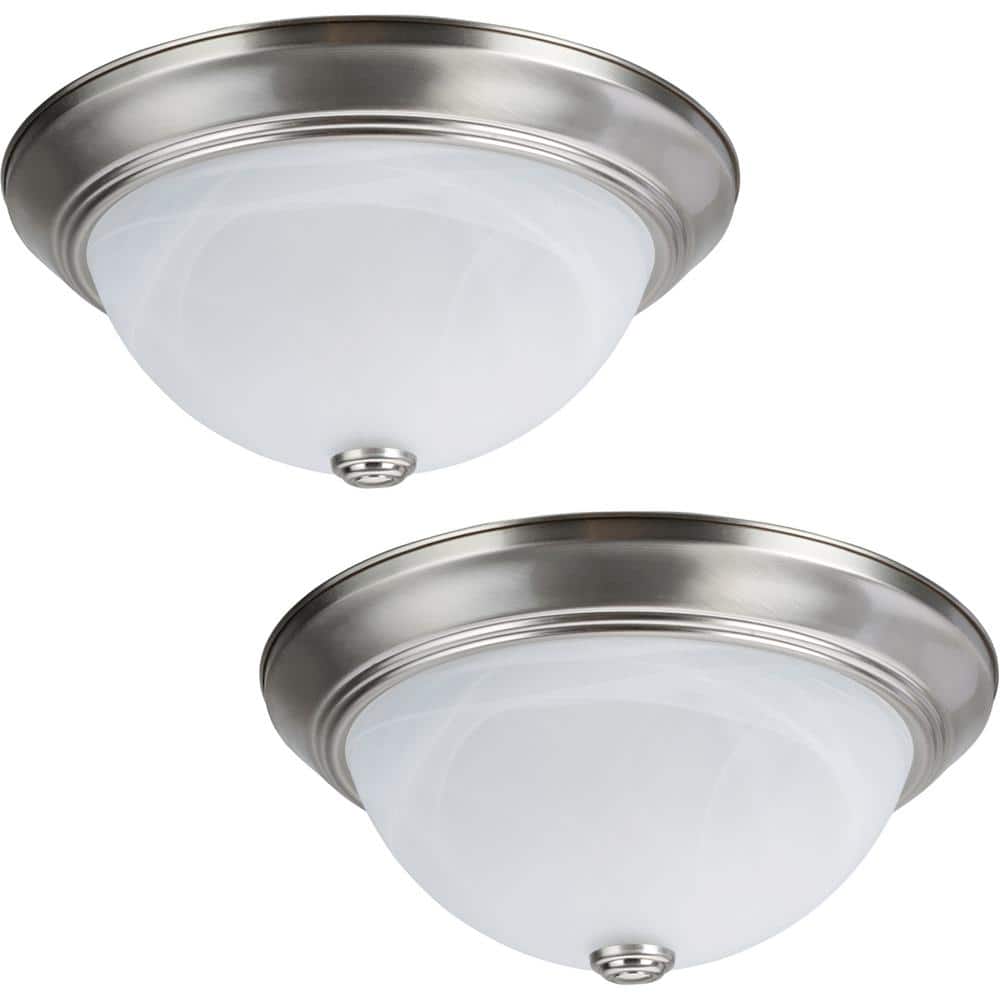 13 in. 2-Light Brushed Nickel Flush Mount with White Alabaster Glass Diffuser (Set of 2) - Hercitys
