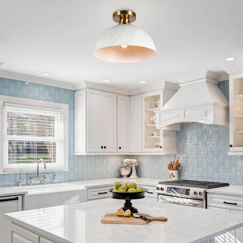 11.75 in. 1-Light Gold Farmhouse Semi-Flush Mount Ceiling Light With White Metal Shade - Hercitys