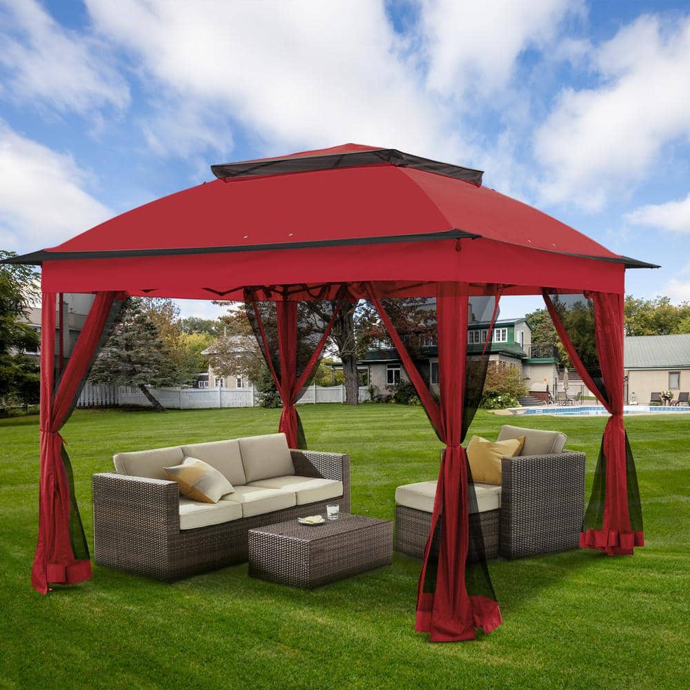 11 ft. x 11 ft. Red Steel Pop-Up Gazebo with Mosquito Netting - Hercitys