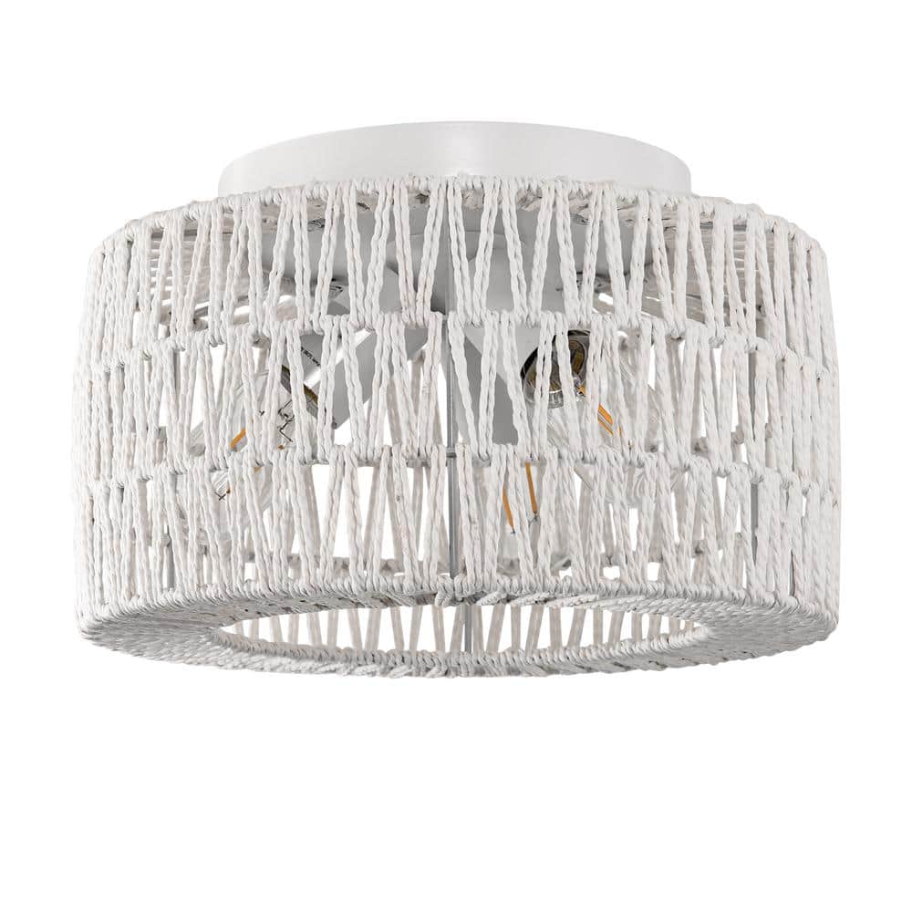 13 in. 3-Light White Drum Rattan Flush Mount with No Glass Rattan Shade and No Bulbs Included 1-Pack - Hercitys