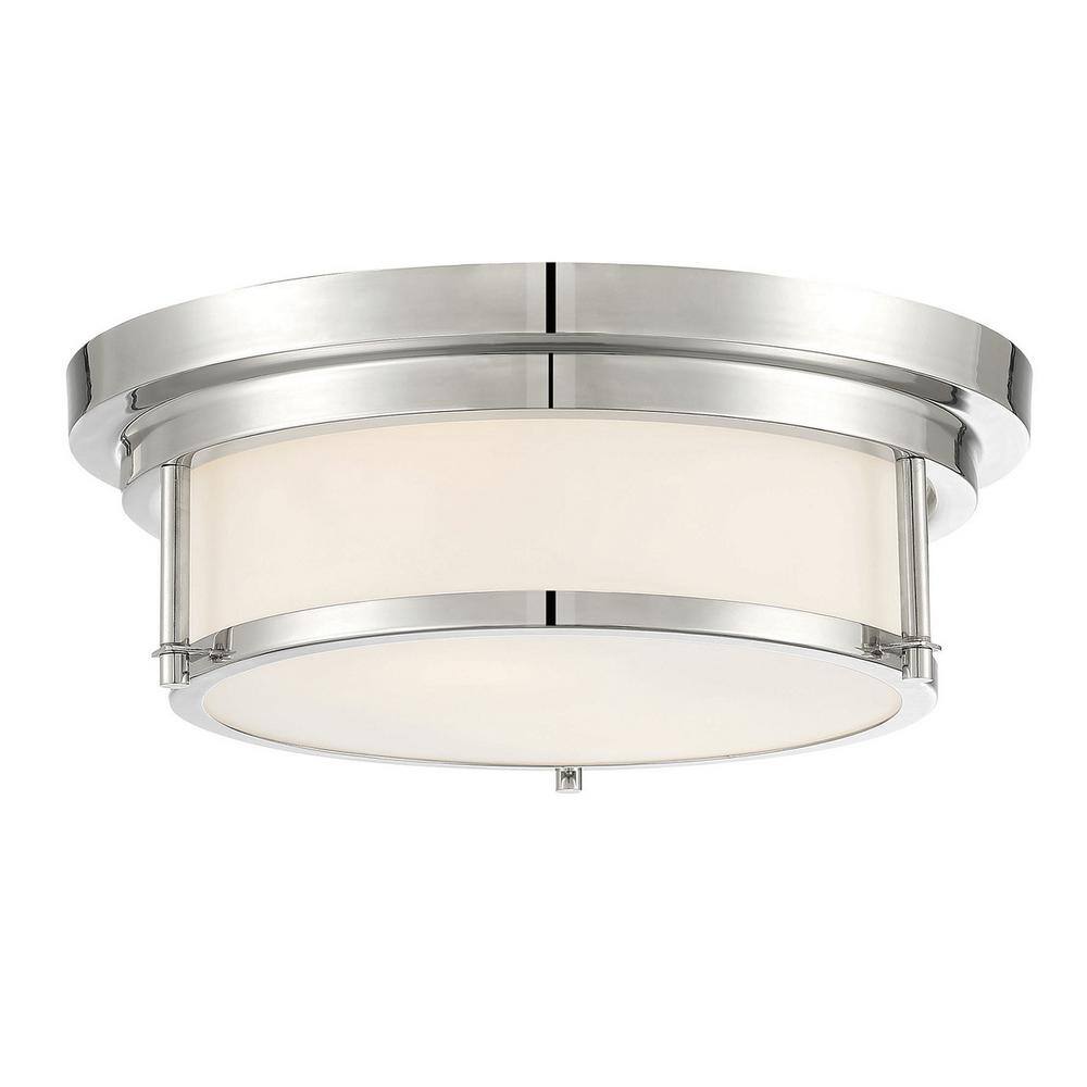 13 in. W x 4.5 in. H 2-Light Polished Nickel Flush Mount Light with White Glass Cylindrical Shade - Hercitys