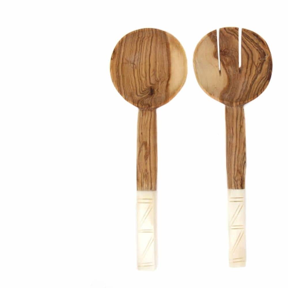 2-Pieces Olive Wood Salad Servers with Squared Bone Handles - Hercitys