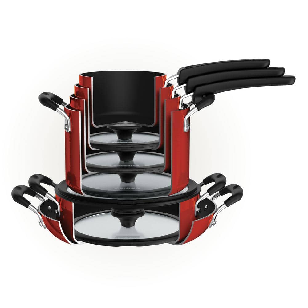 11-Piece Nesting Aluminum Nonstick Cookware Set in Red - Hercitys