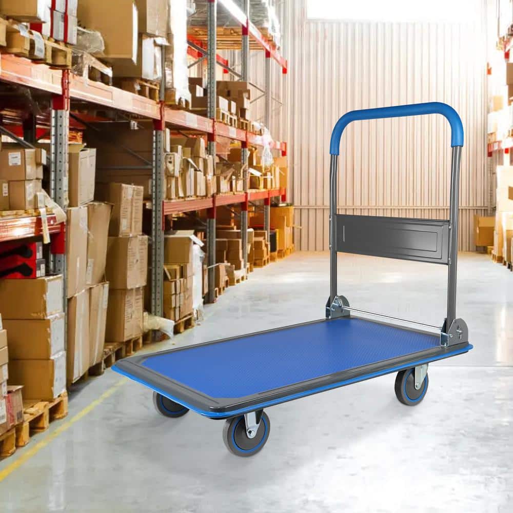 17 cu. ft. Metal Garden Cart 660 lbs. Capacity 4-Wheel Blue Steel Folding Hand Truck - Hercitys