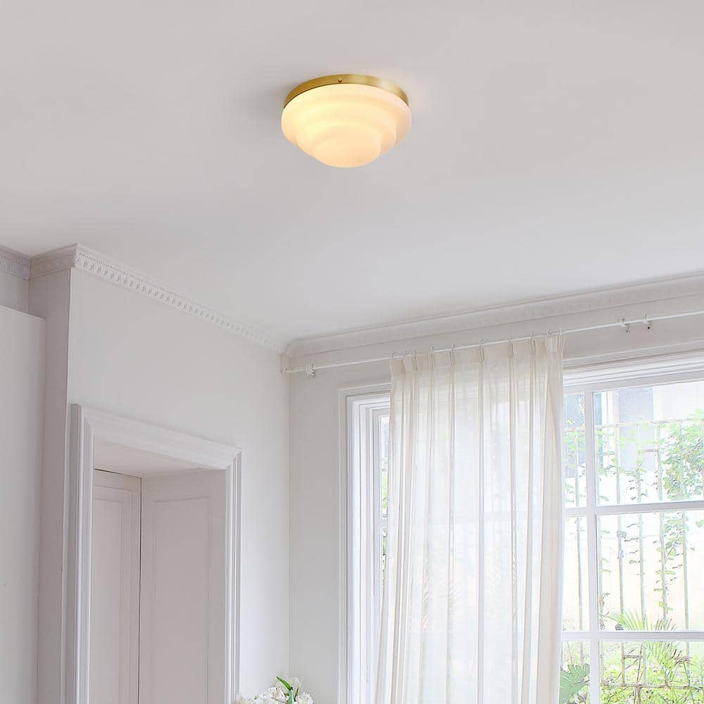 11.81 in. 2-Light Matte Brass Flush Mount Ceiling Light with Tiered Milk Glass Shade - Hercitys