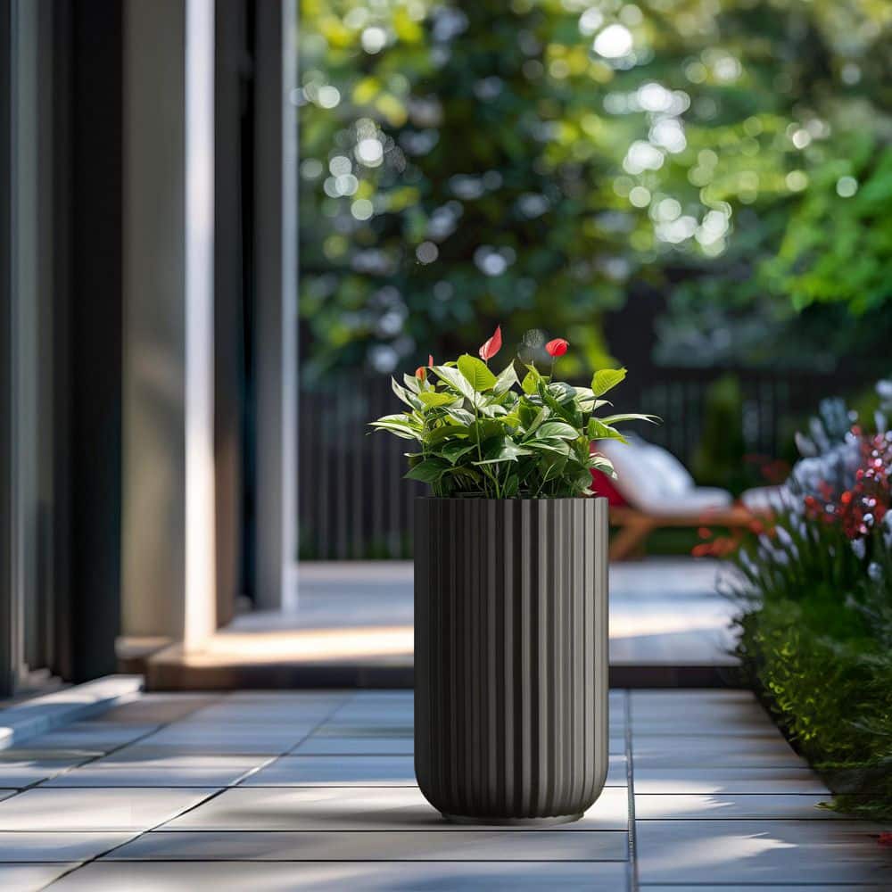 11.5 in. Large Charcoal Black Concrete Round Planter / Pot with Drainage Holes - Hercitys