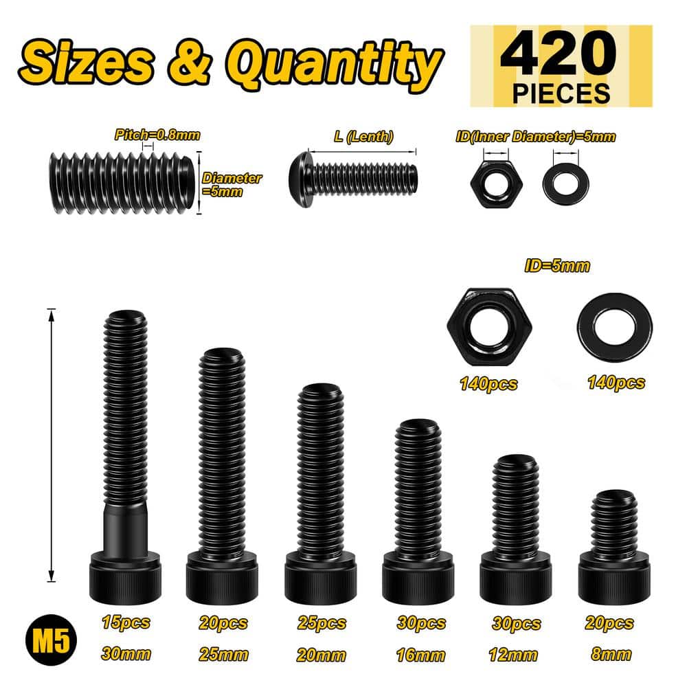 420Pcs Assorted M5 Bolt Metric Screw Assortment M5 x 8/12/16/20/25/30mm, M5 Screws 12.9 Grade Carbon Steel in Black - Hercitys
