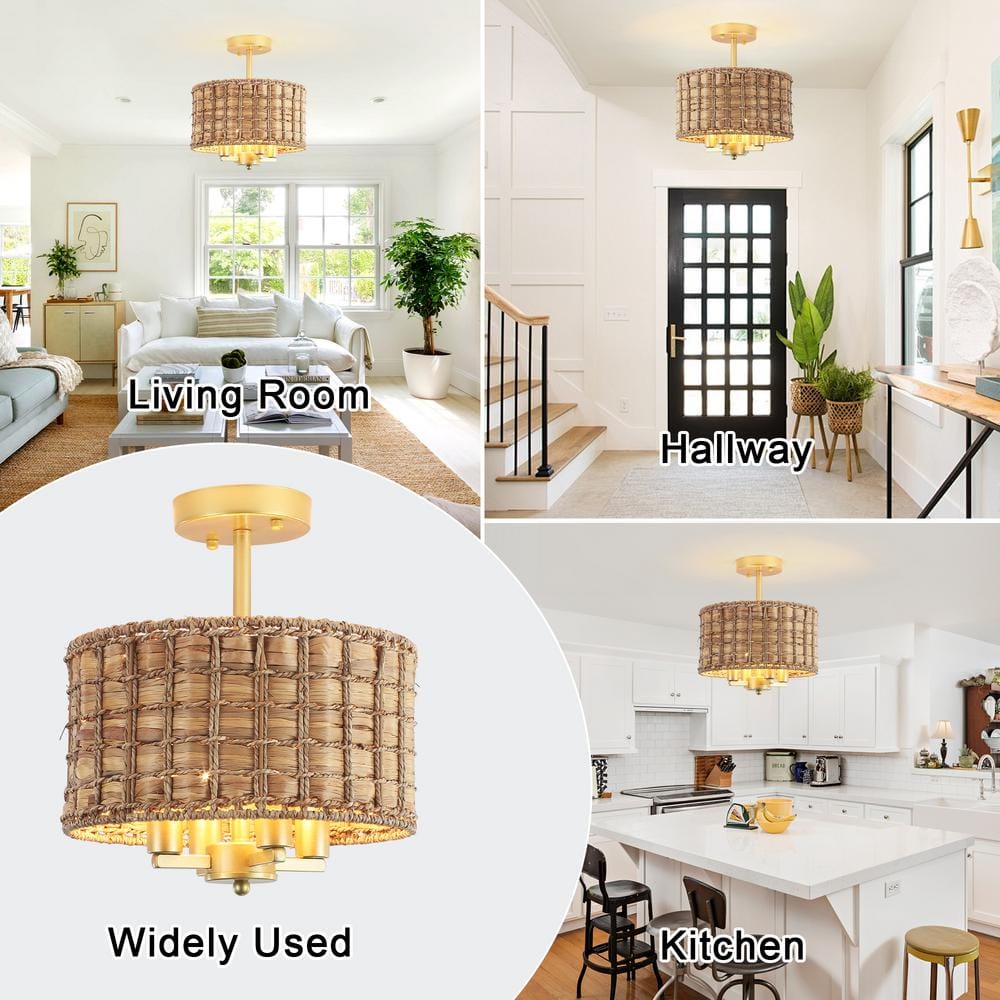 11.81 in. 4-Light Gold Drum Natural Rattan Seagrass Semi Flush Mount Ceiling Light Fixtures with No Bulbs Included - Hercitys