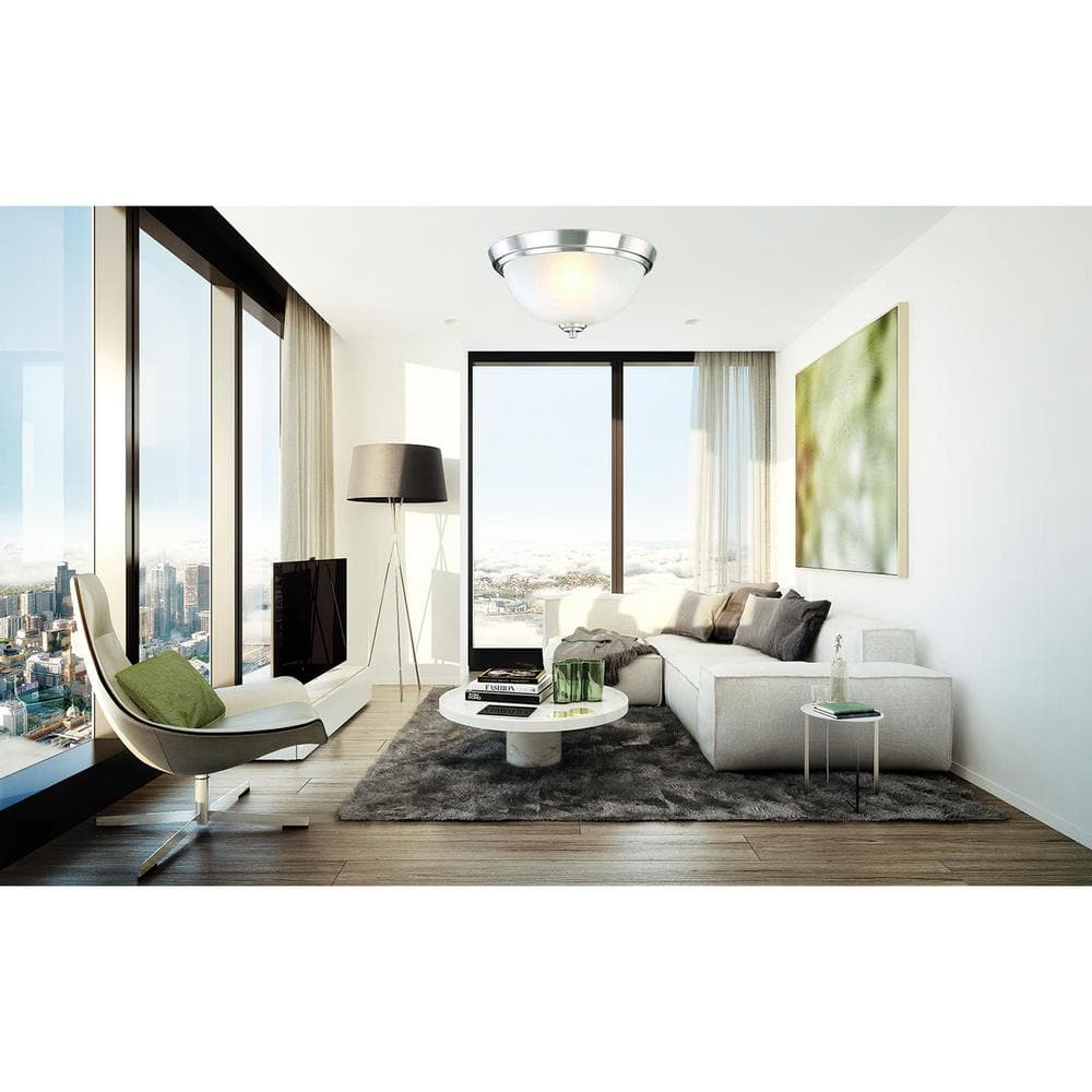 13.5 in. Brushed Nickel Flush Mount Fixture with 2 Bulbs and Alabaster Glass Shade - Hercitys