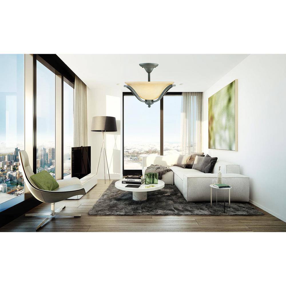 13 in. Rustic Iron Semi-Flush Mount Fixture with Antique Ivory Glass Shade - Hercitys