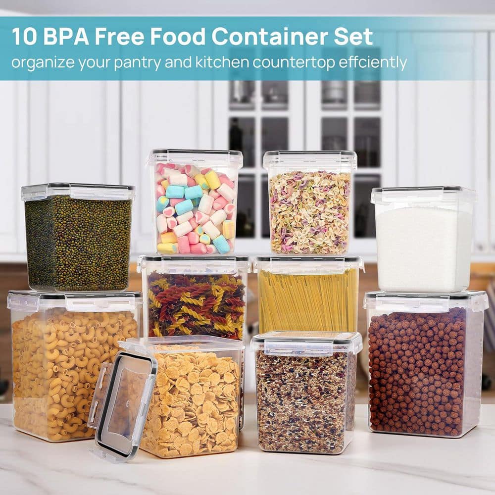 10-Pieces Airtight Flour and Sugar Food Storage Container Set BPA Free Durable for Kitchen Pantry Organization Black - Hercitys