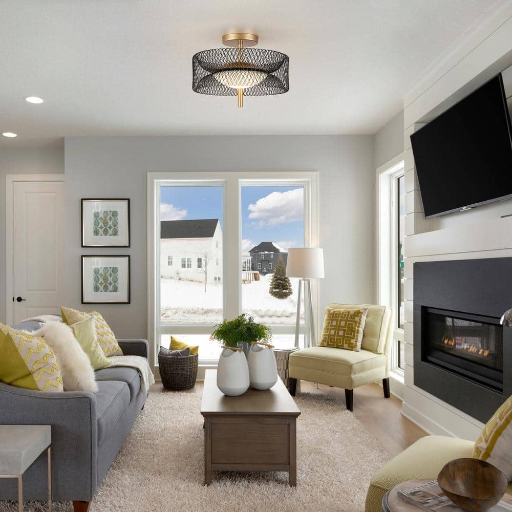 12.6 in. 23-Watt Black/Gold Integrated LED Semi-Flush Mount Ceiling Light with Drum Shade - Hercitys