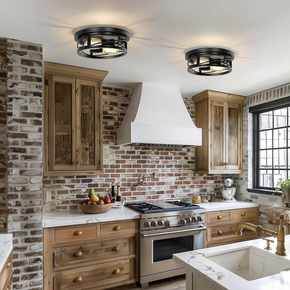 10.6 in. 2-Light Black Farmhouse Flush Mount with Drum Metal Cage Shade for Entryway Bedroom(2-Pack) - Hercitys