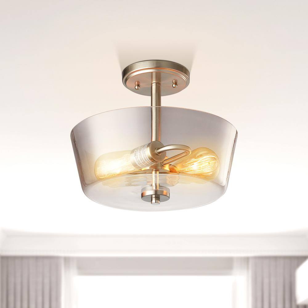 12 in. 2-Light Brushed Nickel Round Semi-Flush Mount, Modern Ceiling Light with Clear Glass Drum Shade - Hercitys
