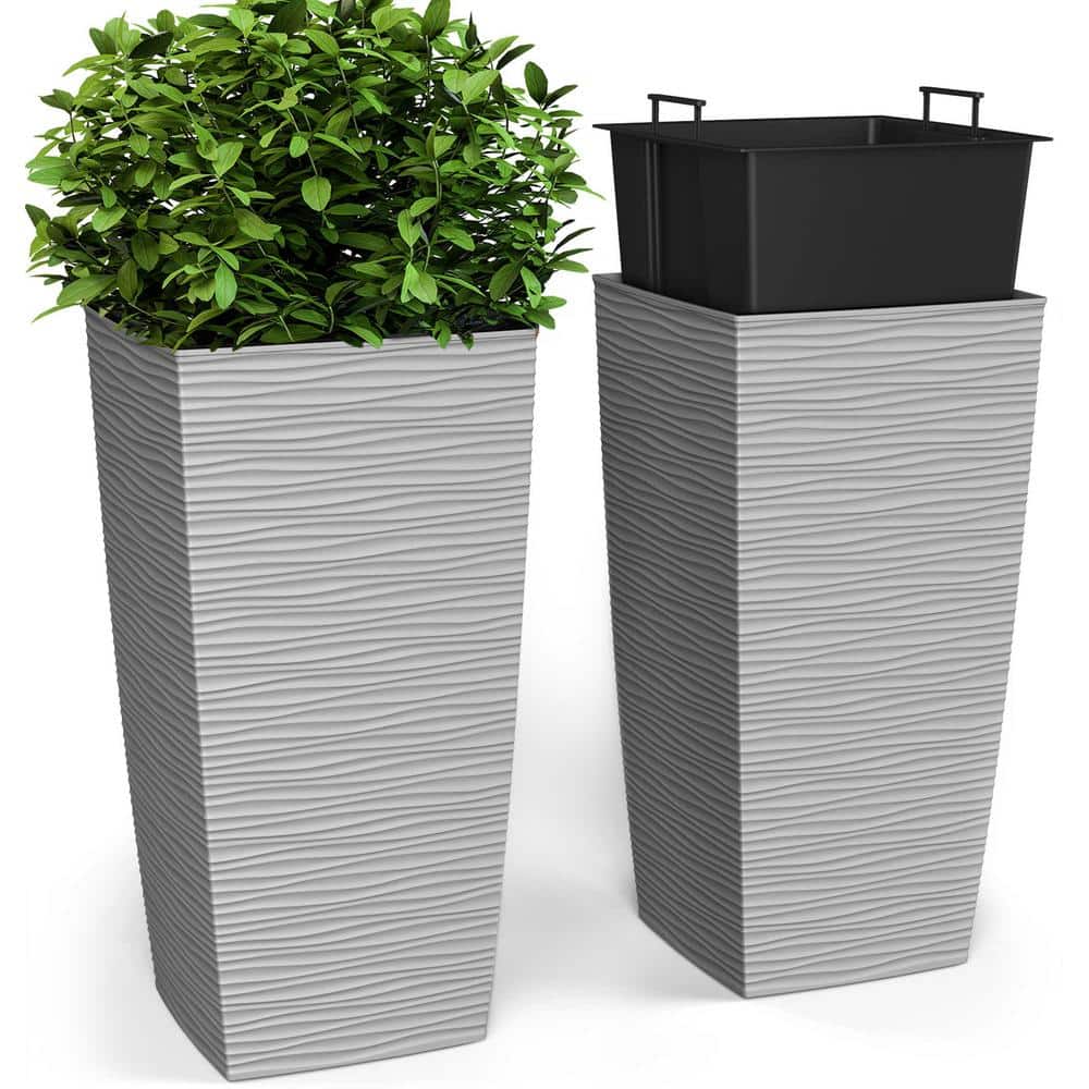 11.5 x 23 in. EverGreen Light Gray, M-Resin, Indoor/Outdoor Planter with Built-In Drainage, Duo Set, Large (2-Piece) - Hercitys