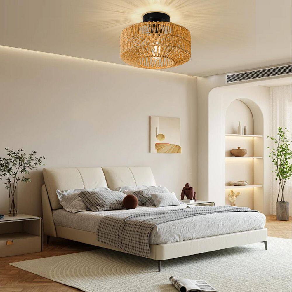 11.8 in. 1-Light Bohemian Natural Rattan Semi-Flush Mount Ceiling Light - Hercitys