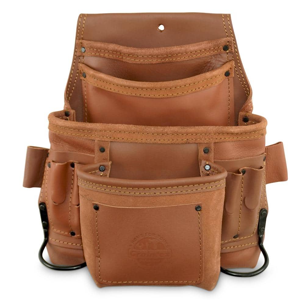 10-Pocket Nail and Tool Pouch Tan Color Industrial Grade Leather w/2 Hammer Holders - Hercitys