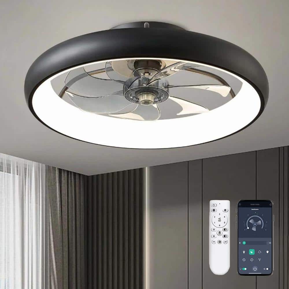 20 in. Indoor LED Bladeless Caged Ceiling Fan with Lights, Dimmable Low Profile Ceiling Fan with App Control-Black - Hercitys