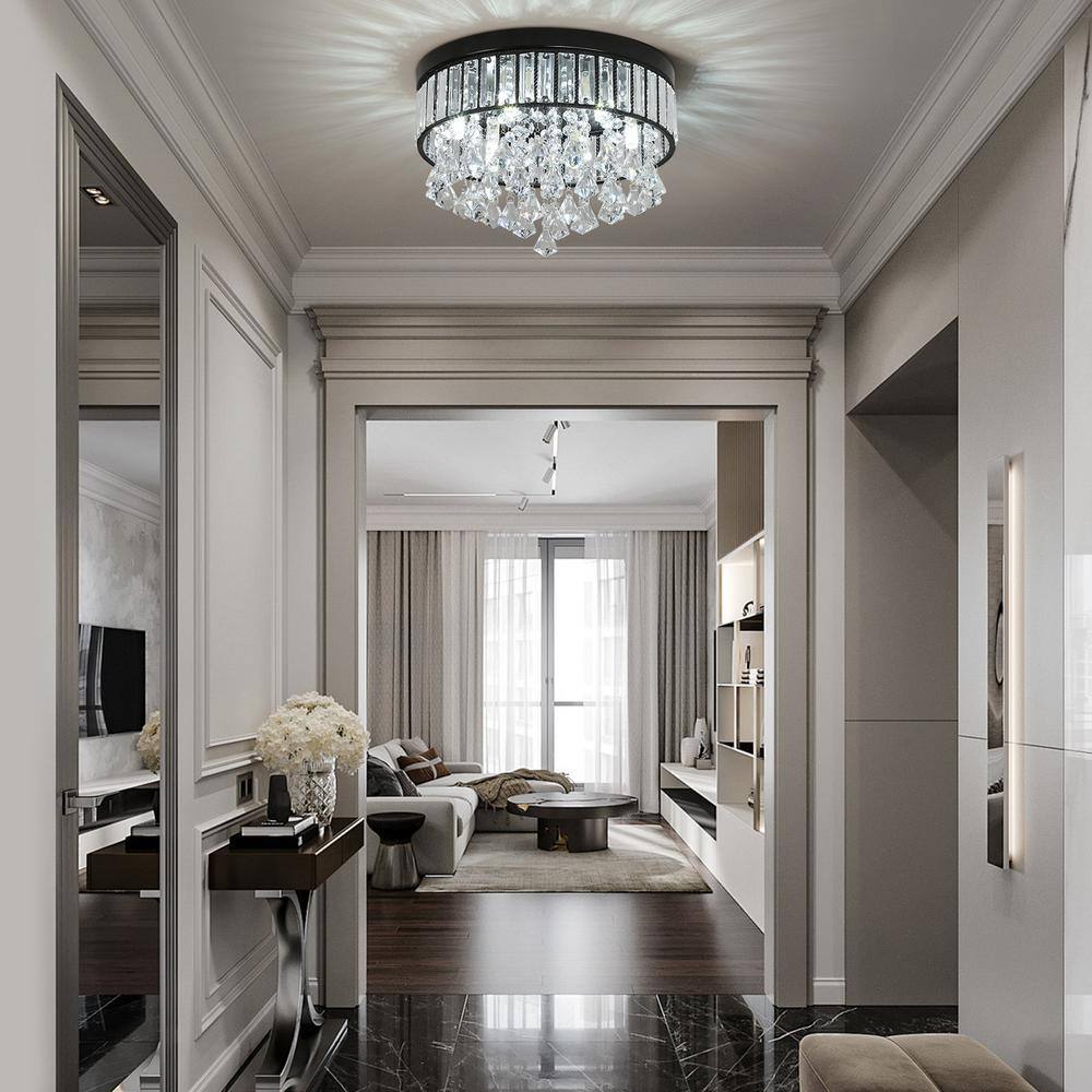 13.77 in. 6-Light Black Modern Round Flush Mount Ceiling Light with Clear Crystal Shade and No Bulbs Included - Hercitys