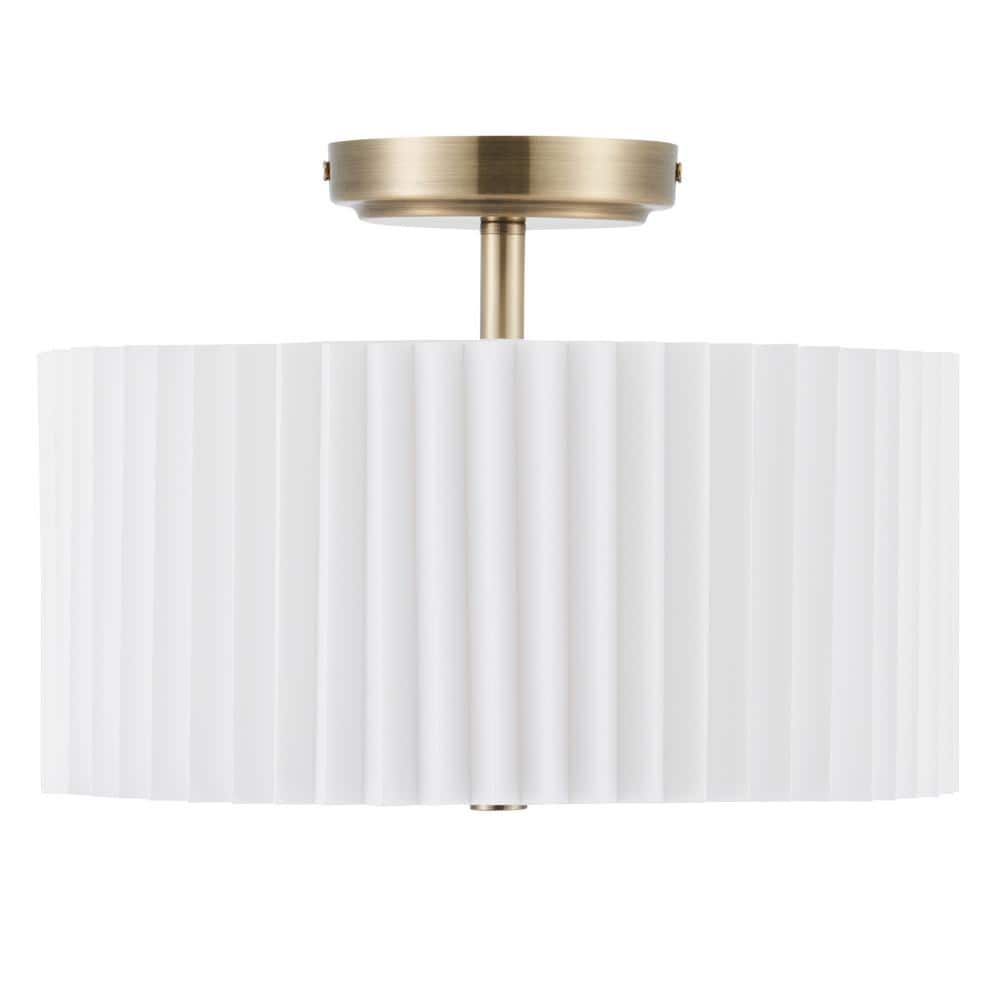 13 in. 2-Light Gold Semi Flush Mount with Pleated Drum Shade - Hercitys