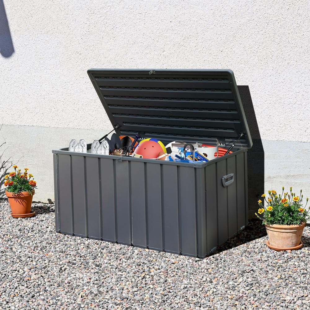 120 Gal. Steel Outdoor Large Patio Deck Box for Outdoor Cushions, Throw Pillows, Garden Tools, Lockable Dark Gray - Hercitys